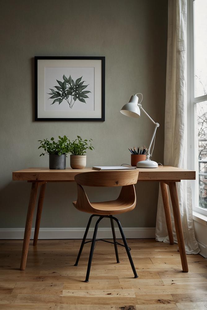Helles minimalistisches Arbeitszimmer mit Lampe und Pflanze