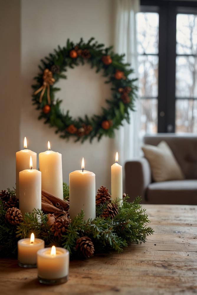 Minimalistischer Adventskranz mit natürlicher Deko