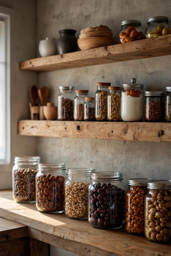 Minimalistische Winterküche mit sichtbaren Vorratsgläsern