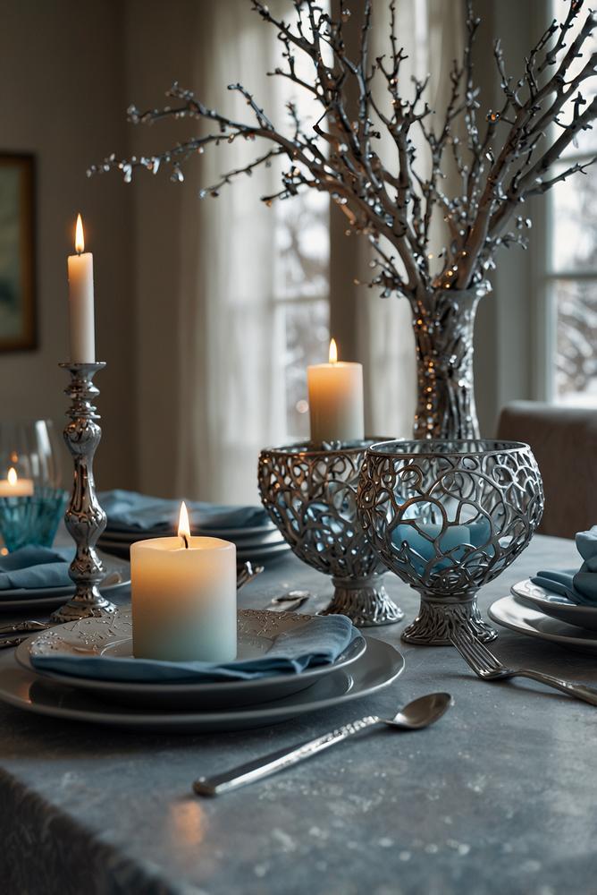 Hell und freundlich dekorierter Esstisch in Eisblau und Silber