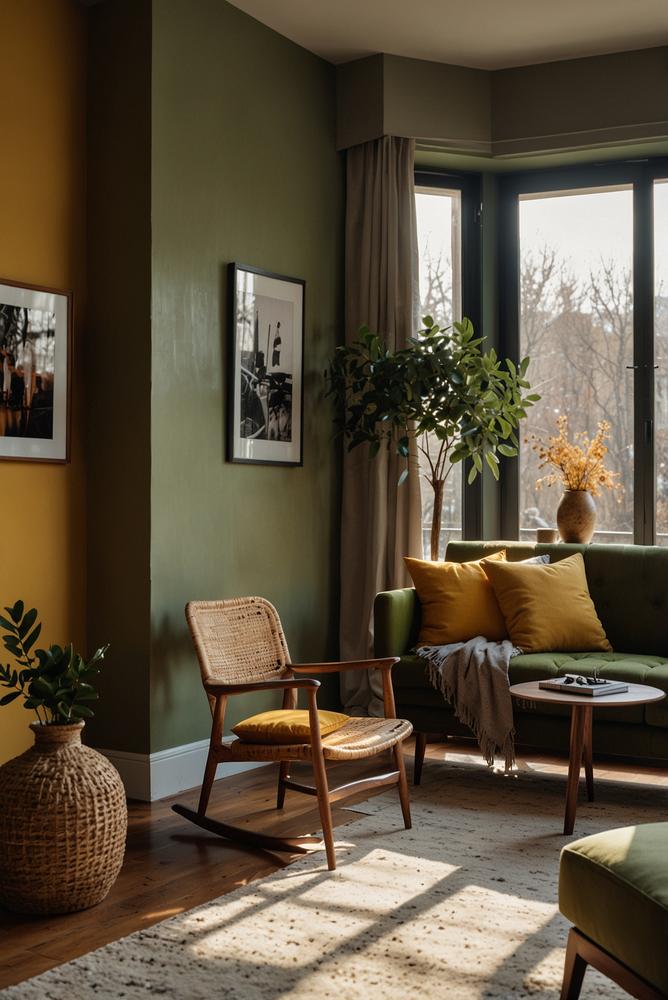 Helles Wohnzimmer mit Oliv- und Senf-Farben im Retro-Stil