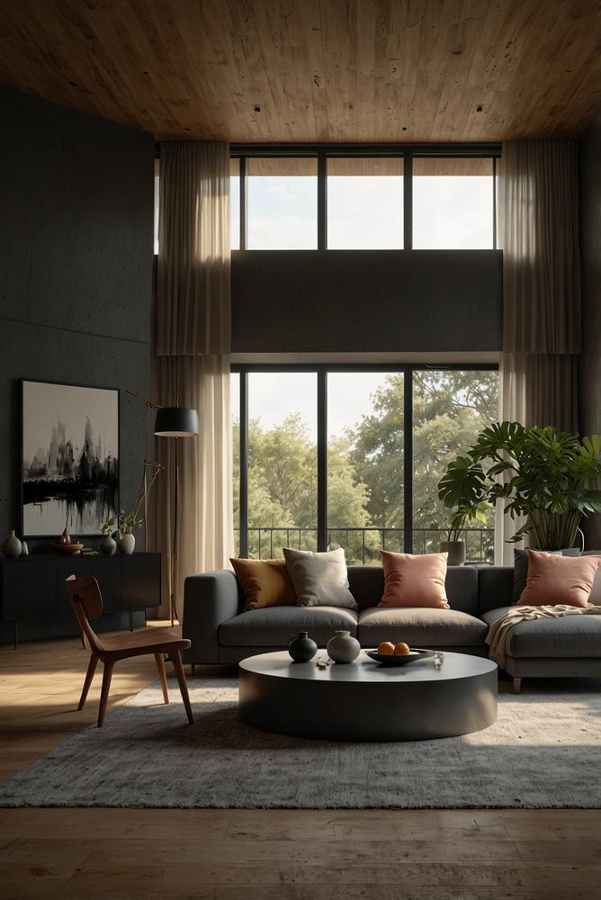 Minimalistischer Wohnraum mit Anthrazit-Graphit Farben und natürlichem Licht