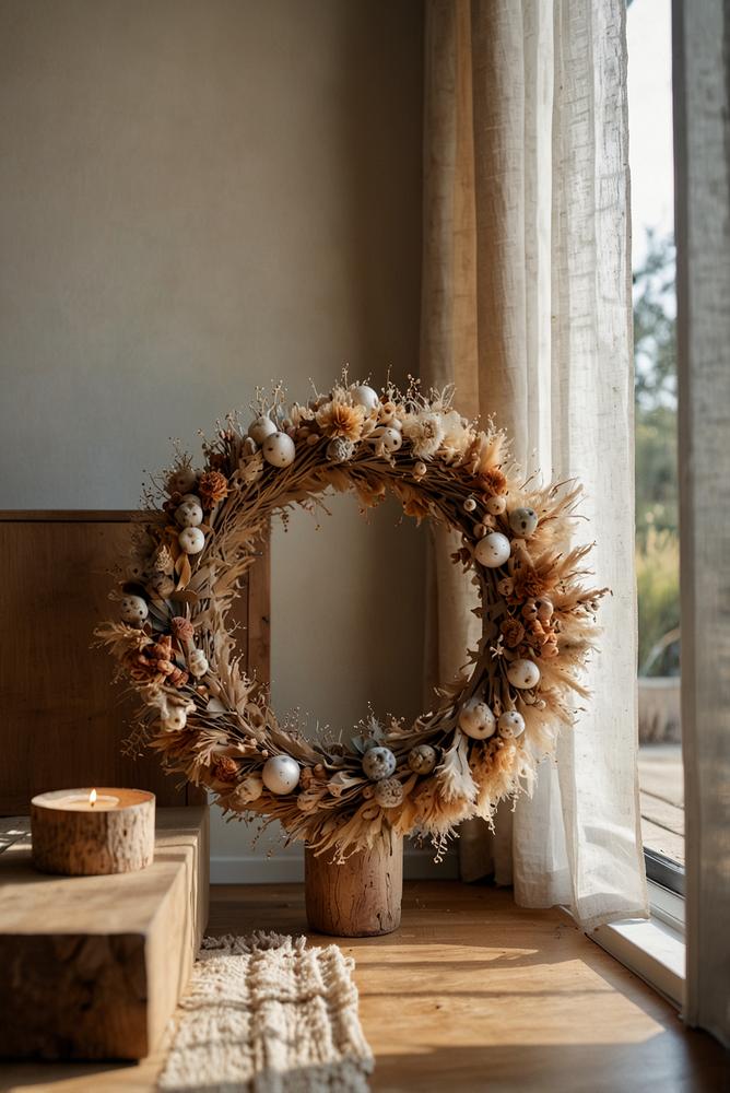 Moderner Trockenblumen-Adventkranz in hellem Raum