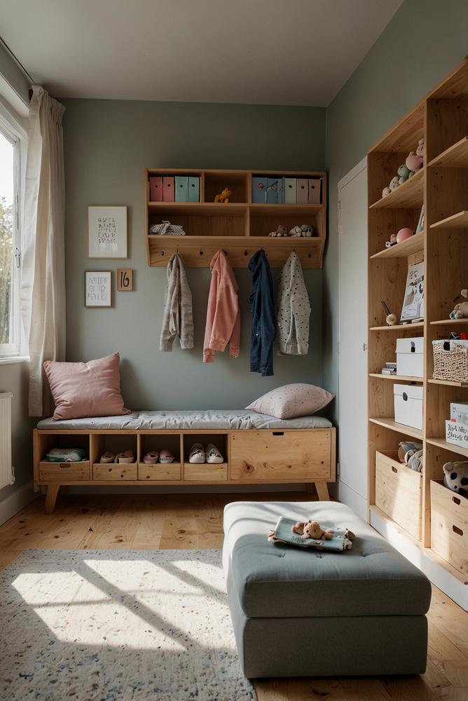 Helles Kinderzimmer mit multifunktionaler Sitzbank und Stauraum
