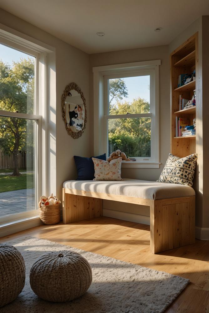 Helle multifunktionale Sitzbank im kleinen Kinderzimmer