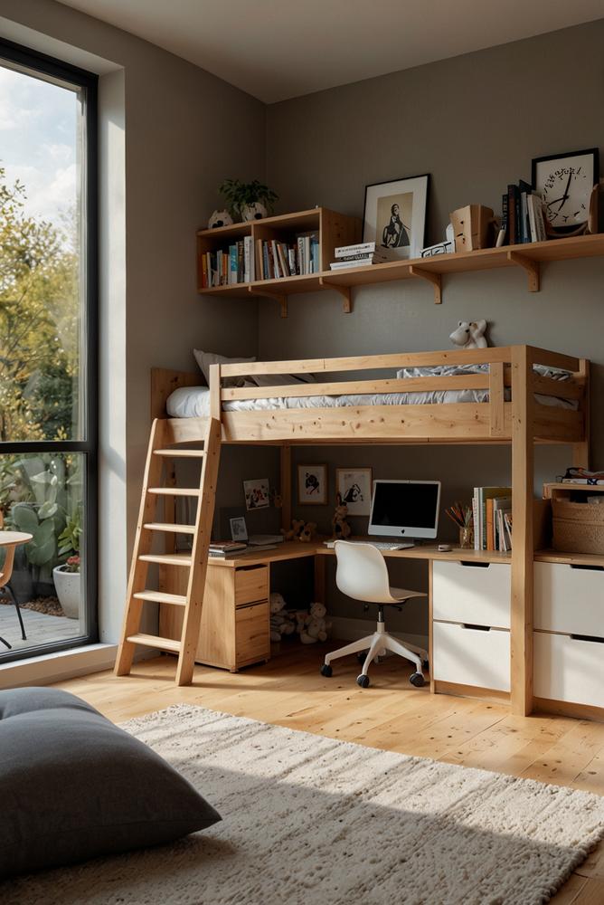 Multifunktions-hochbett mit schreibtisch und stauraum in kinderzimmer