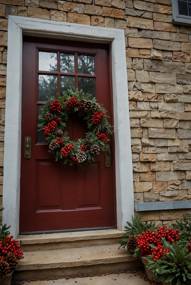 Winterliche Haustürdekoration mit Zapfen und Beeren