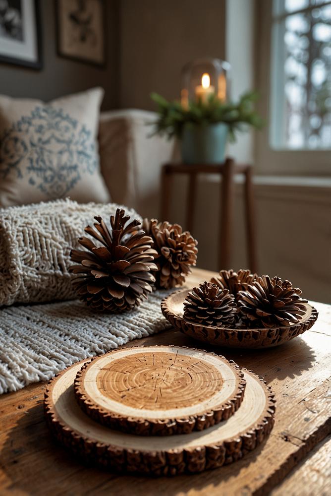 DIY-Untersetzer aus Tannenzapfen und Holz für Winterabende
