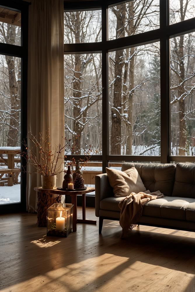 Winterliche Fensterdeko aus Naturmaterialien mit Kerzenlicht