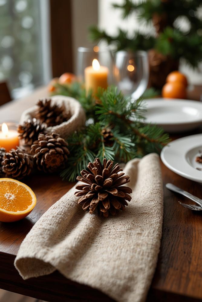 Serviettenringe aus Tannenzapfen und Holz auf winterlichem Tisch
