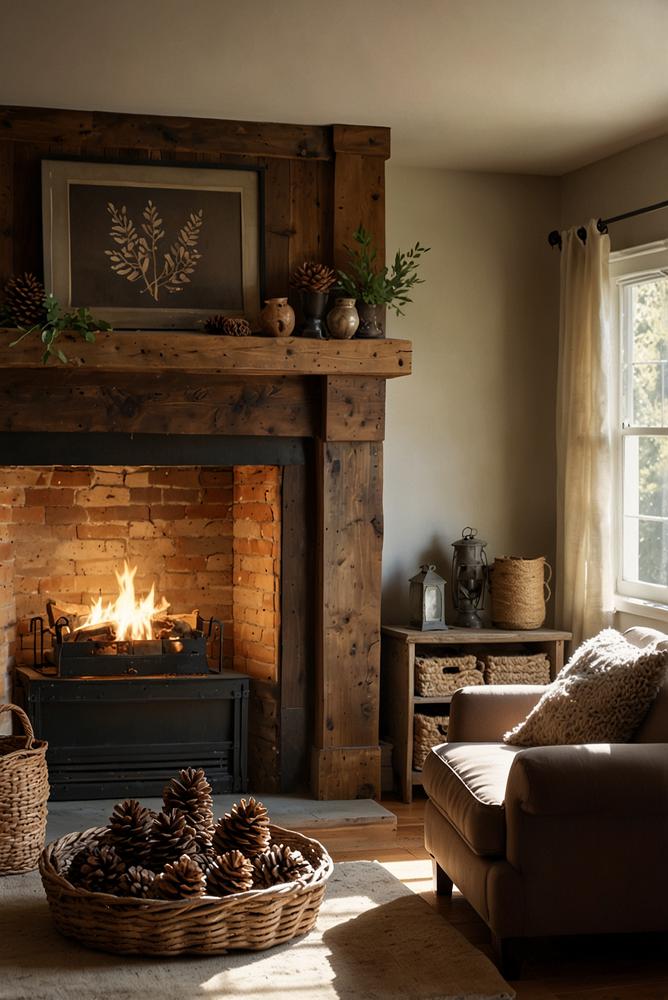 Helle natürliche Tannenzapfen und Holz Kaminmantel Deko