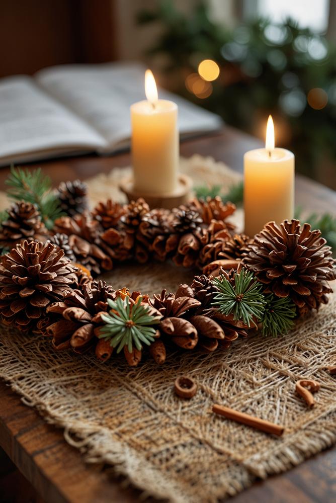 Heller Adventskranz aus Tannenzapfen und Holz im Sonnenlicht