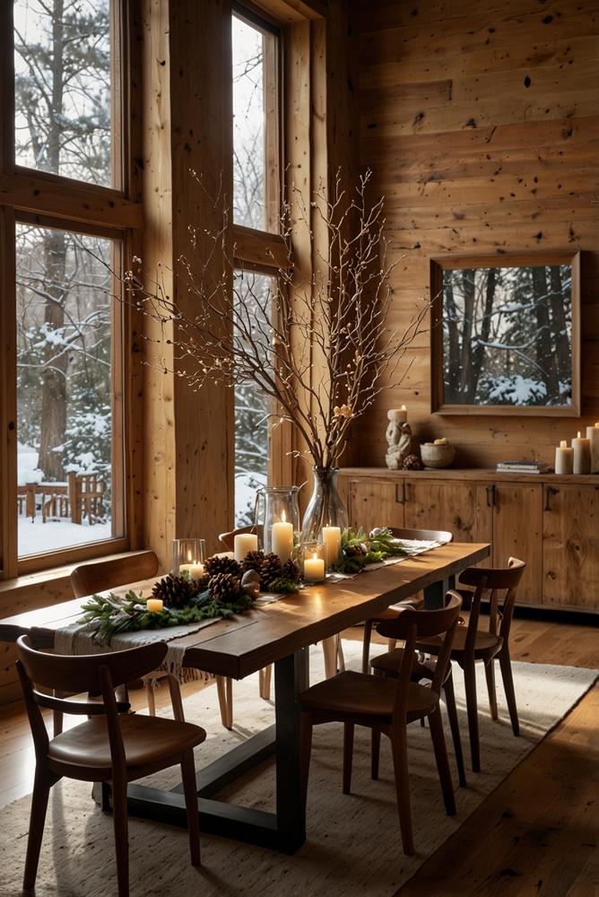 Winterliche esstischdeko mit zapfen und holzscheiben
