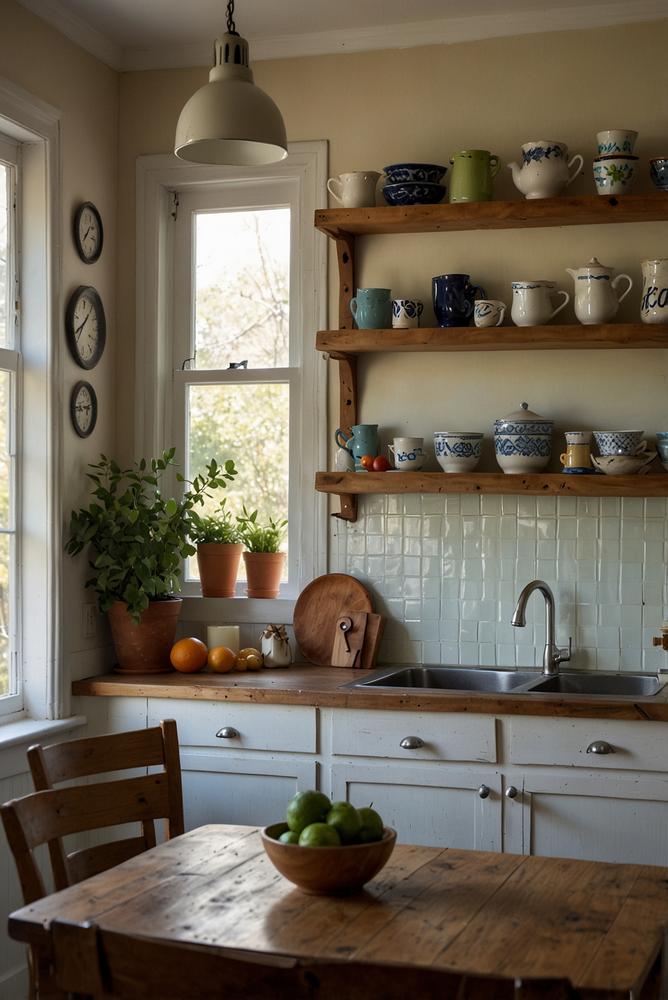 Helle, gemütliche Küche mit offenen Regalen und dekoriertem Geschirr