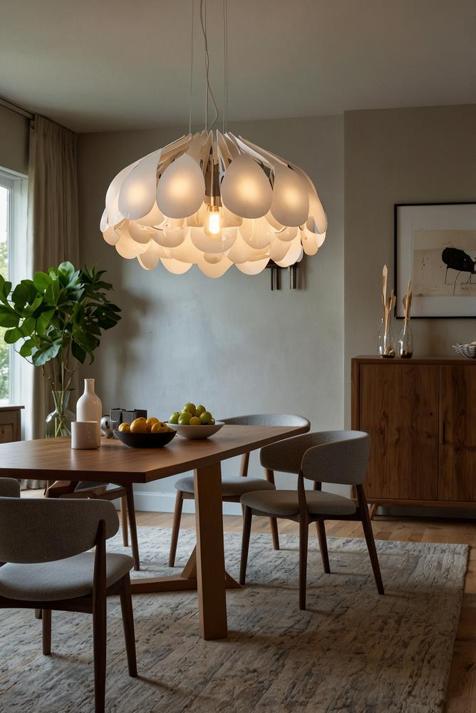 Helle Pendelleuchten über einem einladenden Esstisch