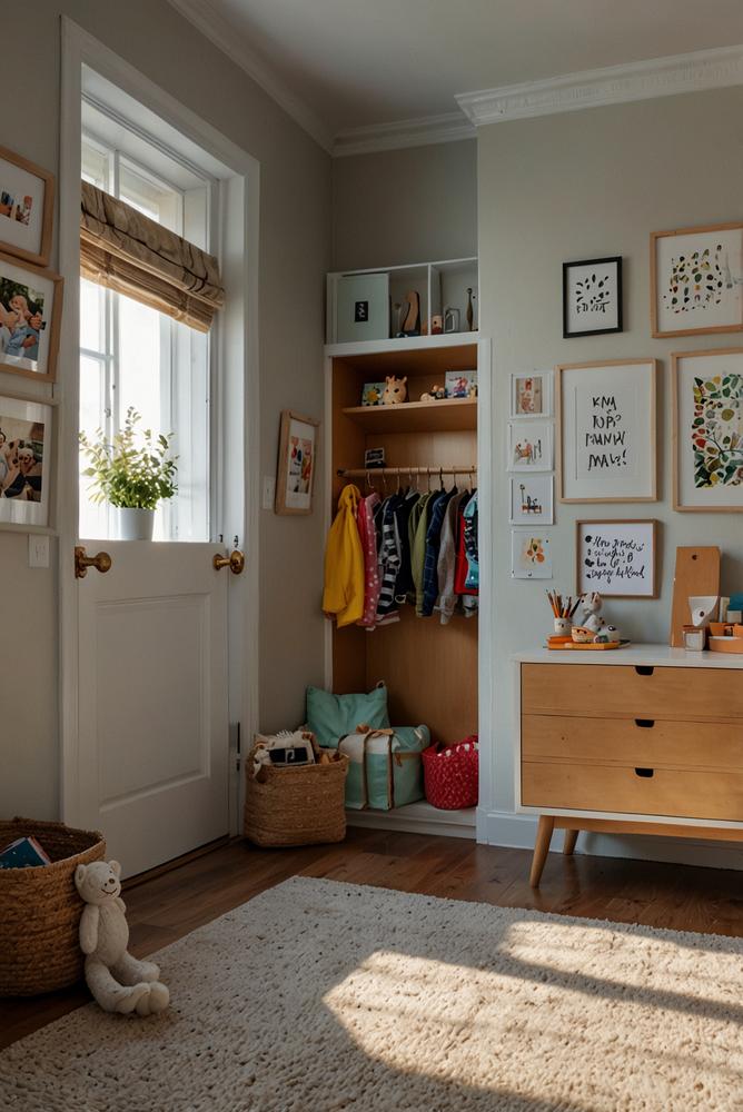 Helles kleines Kinderzimmer mit Tür-Organizer und Magnettafel