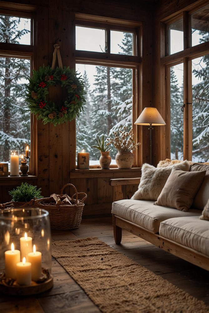 Gemütliche Berghütte mit Tannengrün-Dekoration im Winter