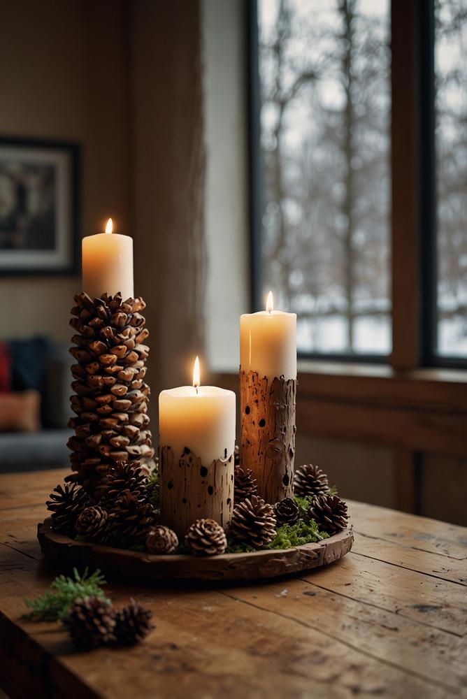Rustikale Holz-Kerzenhalter als winterliche Deko