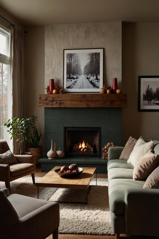 Hell beleuchtetes Wohnzimmer mit saisonalen Wandbildern