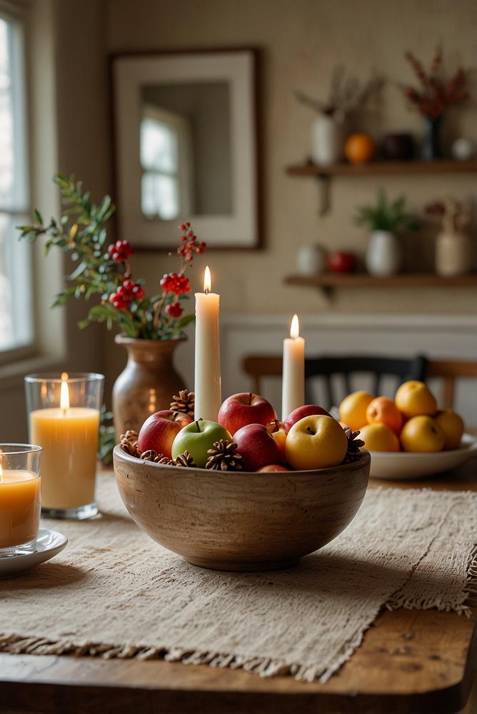 Saisonales Mittelpunkts-Arrangement auf winterlicher Küchentafel
