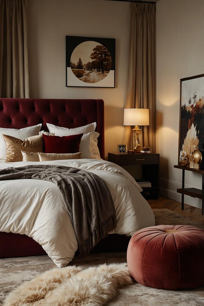 Gemütliches Schlafzimmer in samtigem Bordeaux und warmem Licht