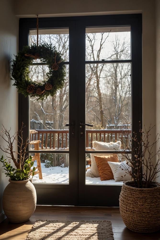 Haustür winterlich im Scandi-Minimalismus dekoriert