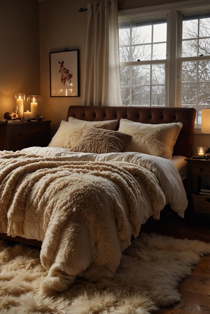Gemütliches Schlafzimmer mit warmer Winterdeko