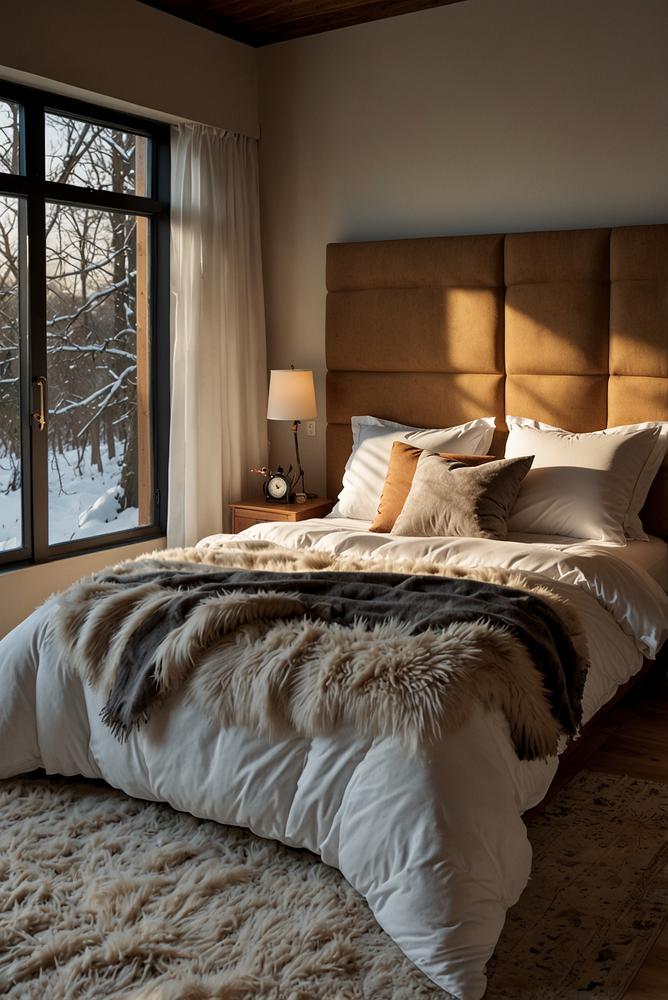 Winterlich gemütliches Schlafzimmer mit Daunenbettdecke