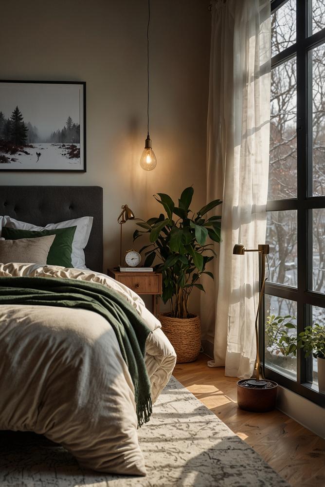 Gemütliches Schlafzimmer mit Licht und frischer Luft im Winter