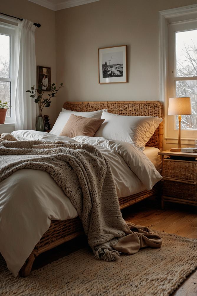 Winterliches Schlafzimmer mit Wärmflasche und Korb