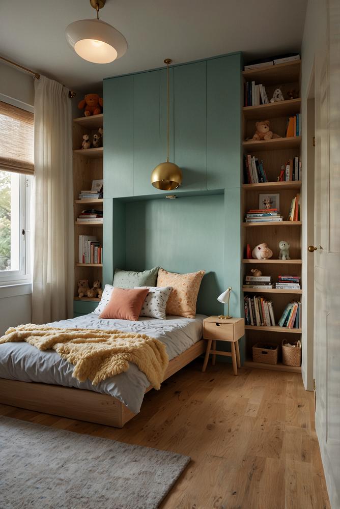 Helles kinderzimmer mit schrankbett und spielbereich