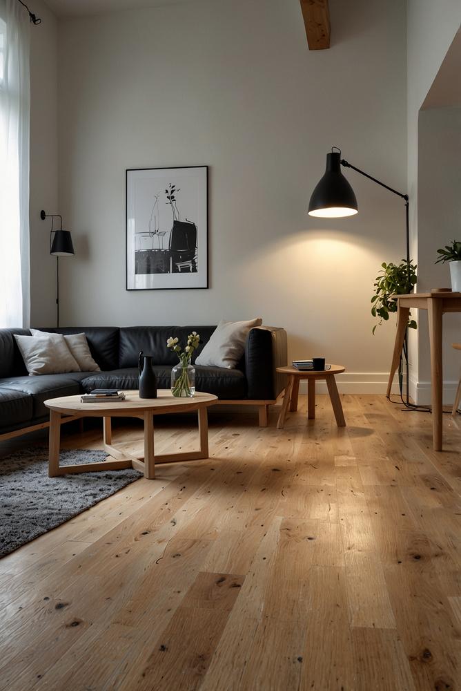 Modernes Wohnzimmer Schwarz Weiß mit Holz Akzenten winterlich