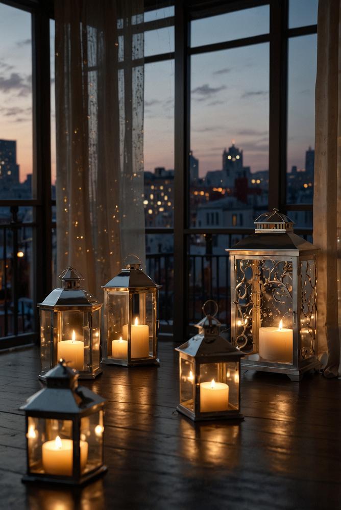 Silberne und goldene Balkonlichter bei kaltem Wetter