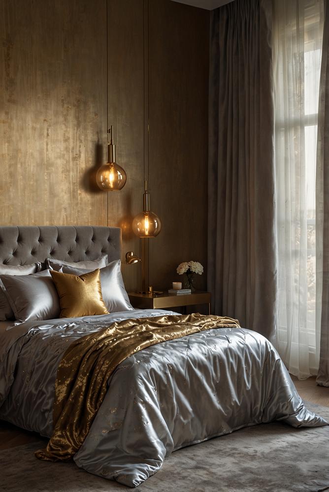 Schlafzimmer mit silber-goldener Bettdecke und Nachttisch-Deko