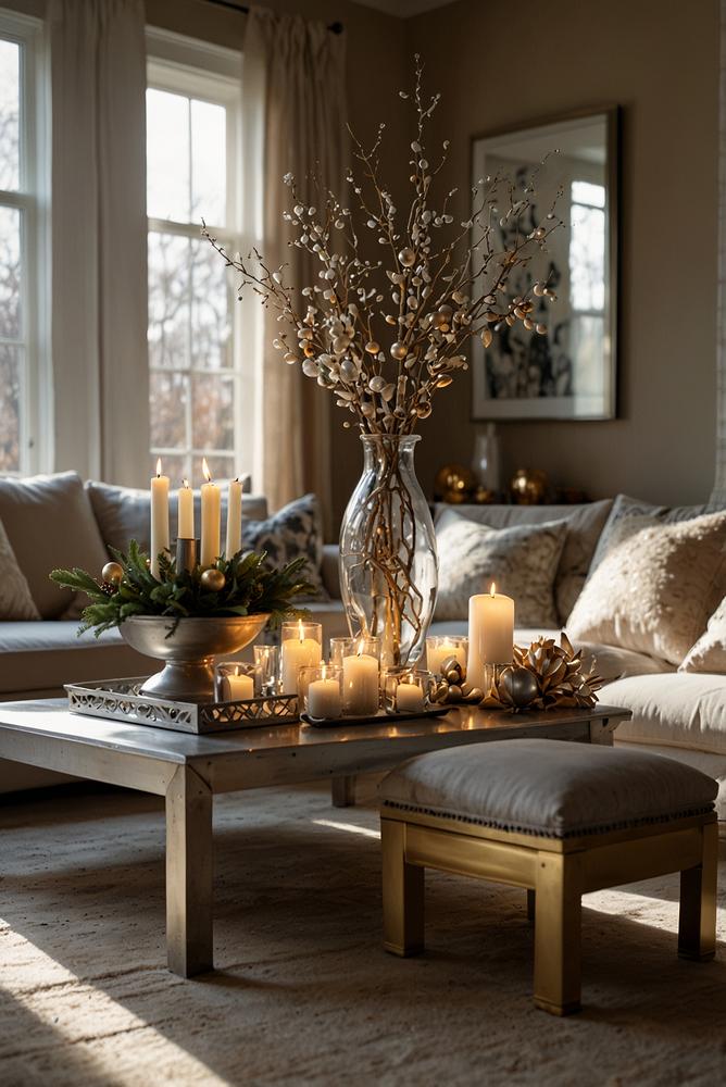 Festliche Wohnzimmerdeko mit Silber und Gold Kerzen und Vasen