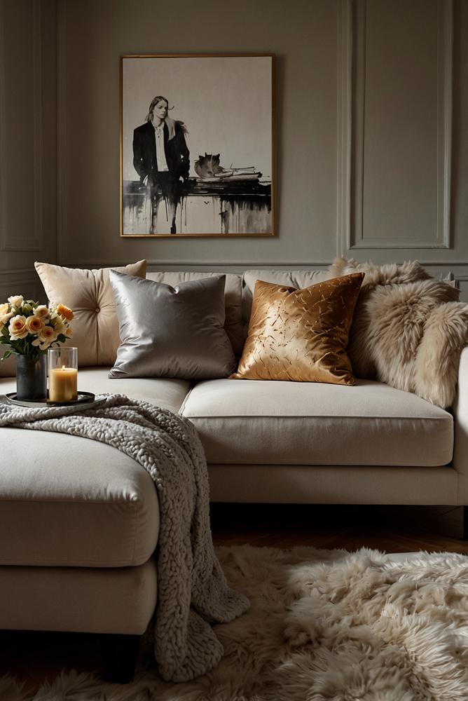 Glamouroese silber gold kissen und decken auf sofa