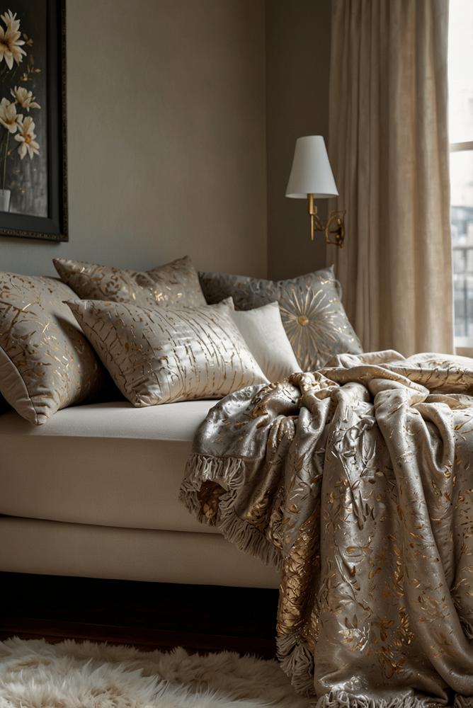 Kuschelige Plaids und Kissen mit silbernen und goldenen Fäden