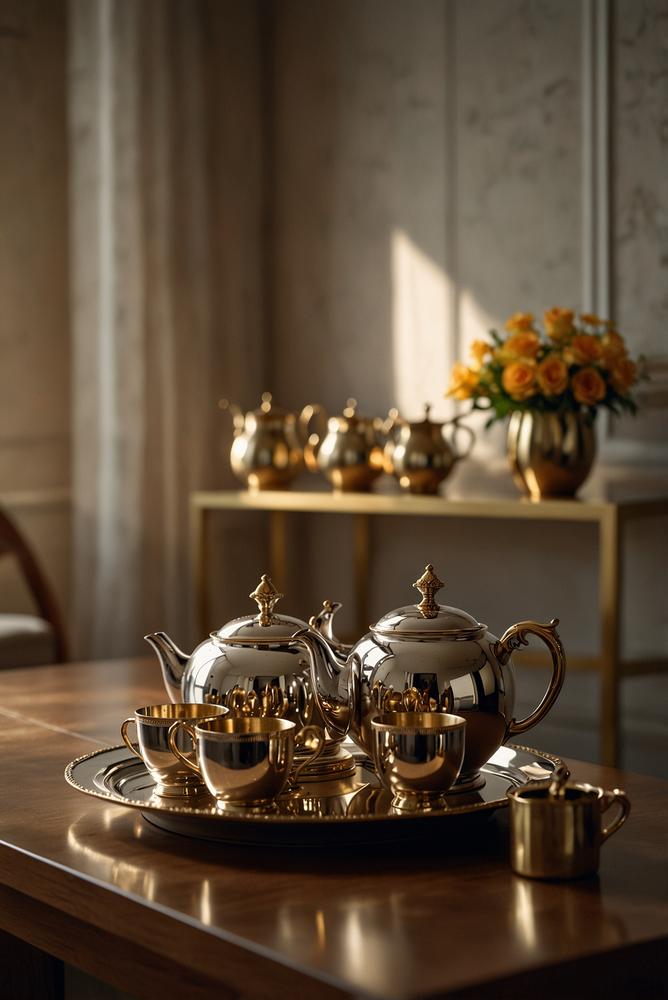 Teestation mit silberner Kanne und goldenen Tassen hell und einladend