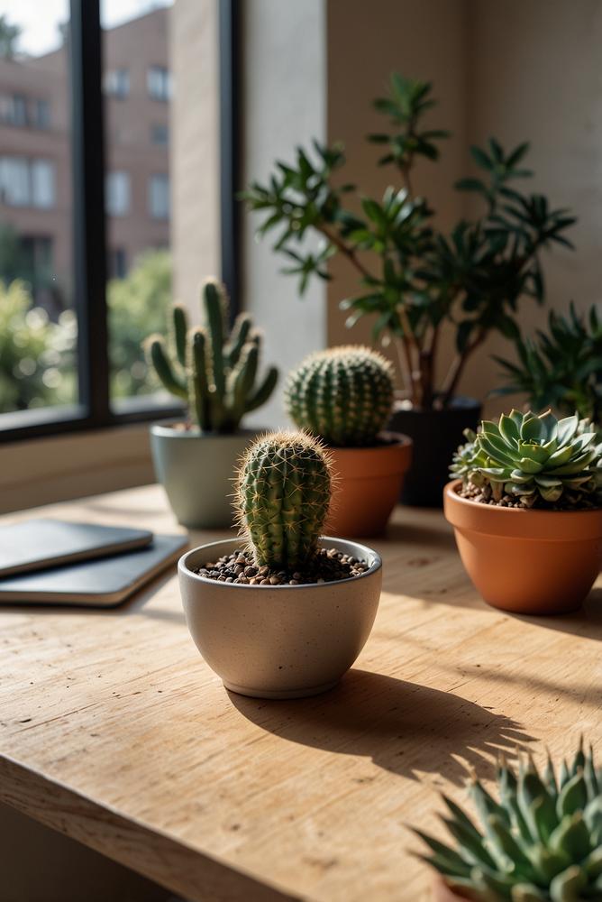 Heller skandinavischer Arbeitsplatz mit Pflanzen und minimalem Schreibtisch