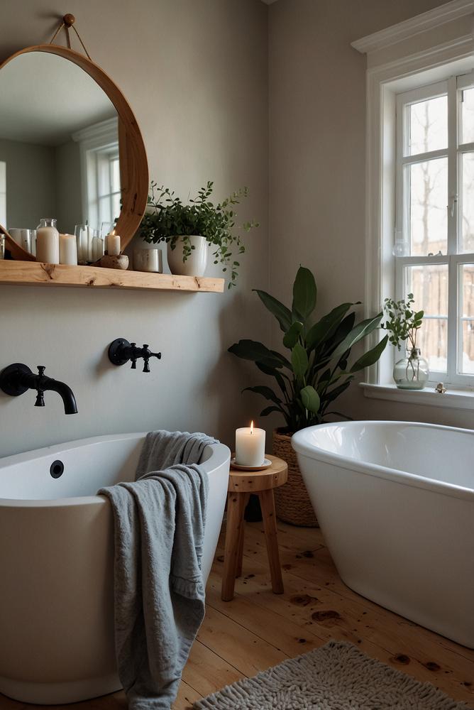 Skandi Badezimmer mit flauschigen Handtuechern und gedimmtem Licht