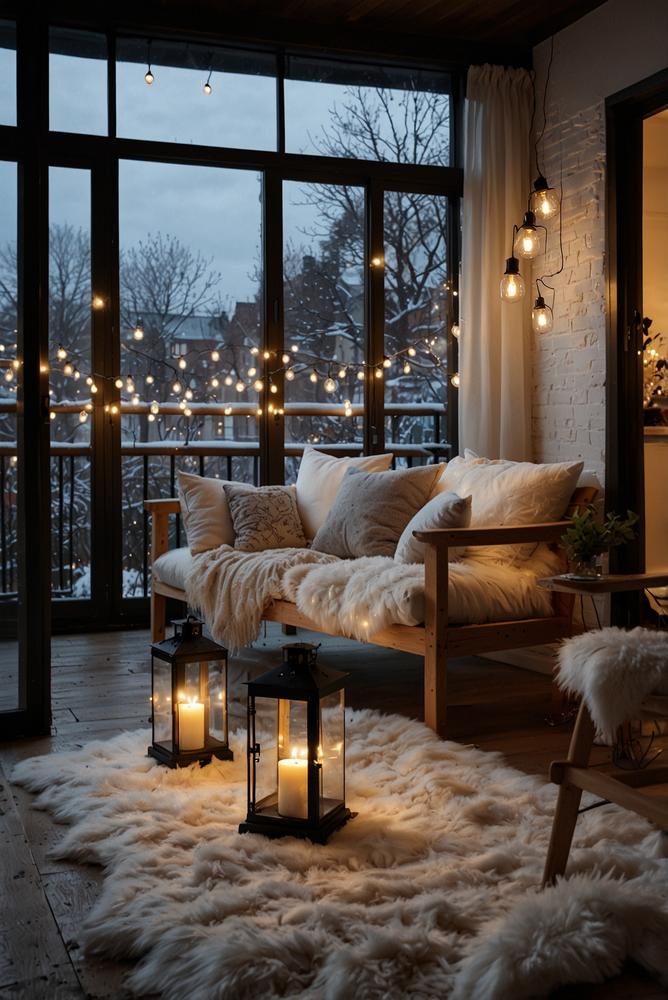 Skandi-Balkon mit windgeschützten Sitzplätzen und Lichterketten im Winter