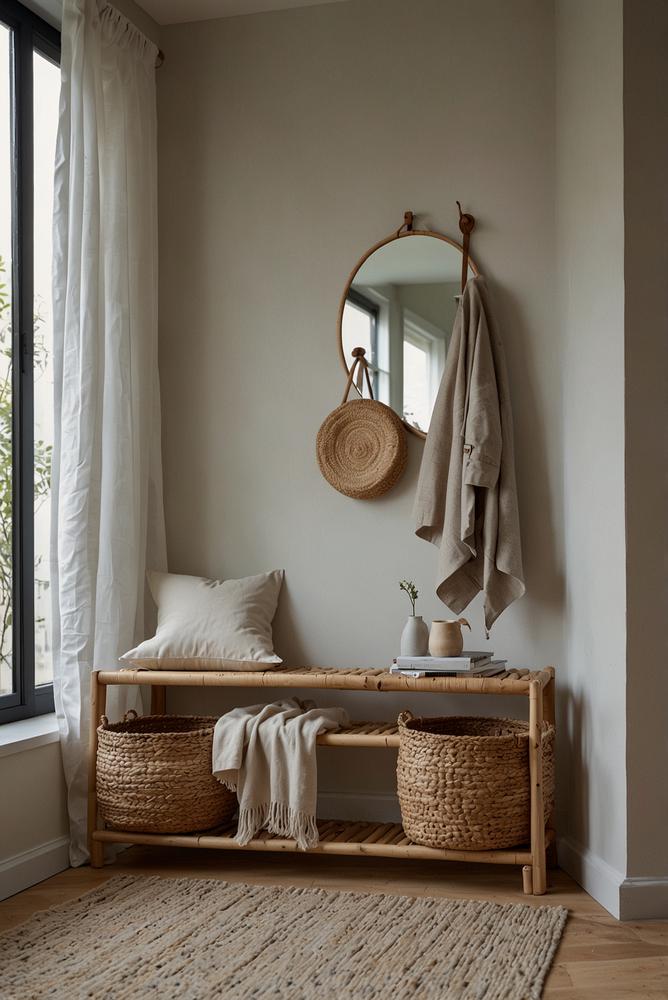 Heller skandi-chic eingangsbereich mit sitzbank und koerben