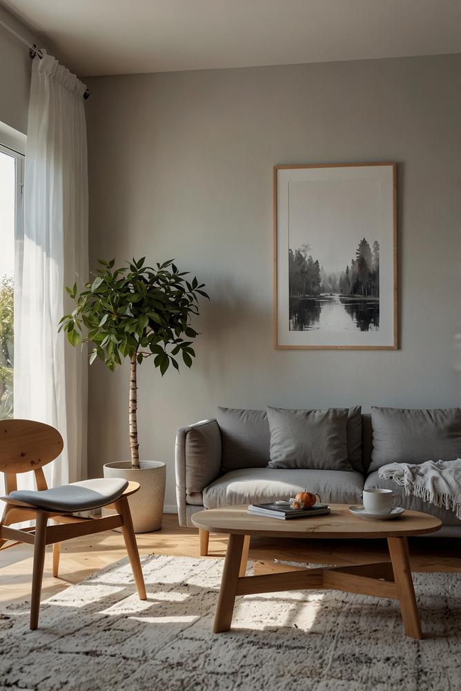 Helles Wohnzimmer mit Skandi-Chic Farbkonzept in Weiß und Grau