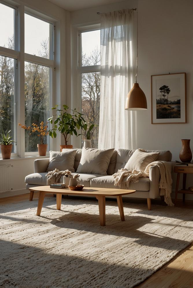 Skandi-Chic Wohnraum hell und einladend mit sanften Farben