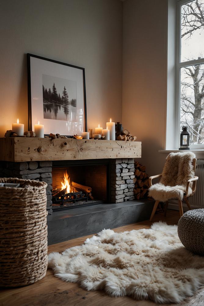Skandi-Chic Kaminzone mit Holzstapel und Fellen in hellem Raum