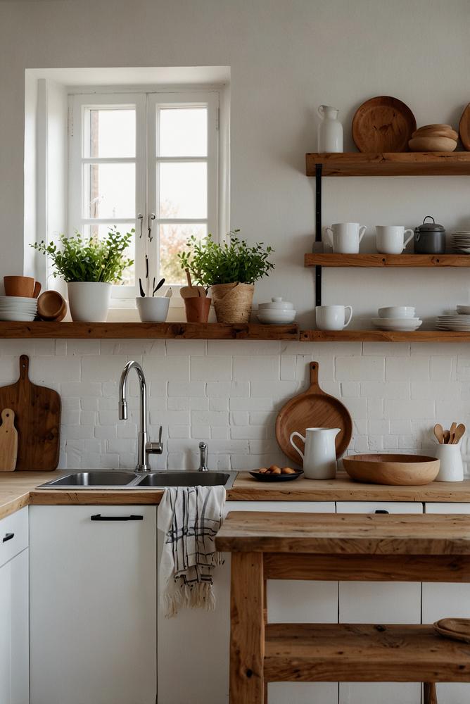 Helle Skandi-Chic-Küche mit offenen Regalen und warmen Texturen