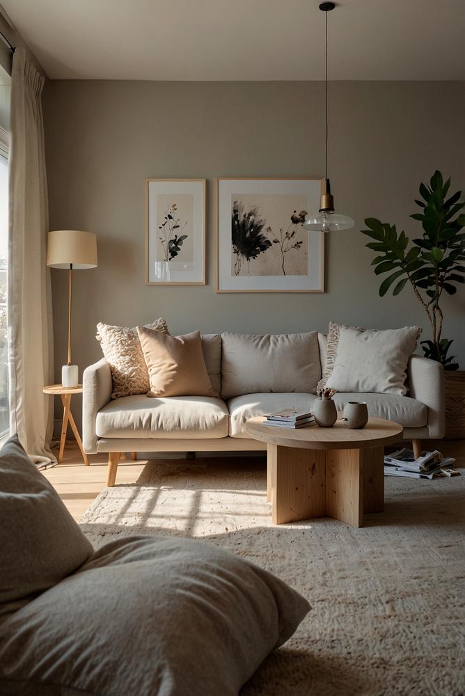 Helles Skandi-Chic Wohnzimmer mit Sofa und kuscheligen Decken