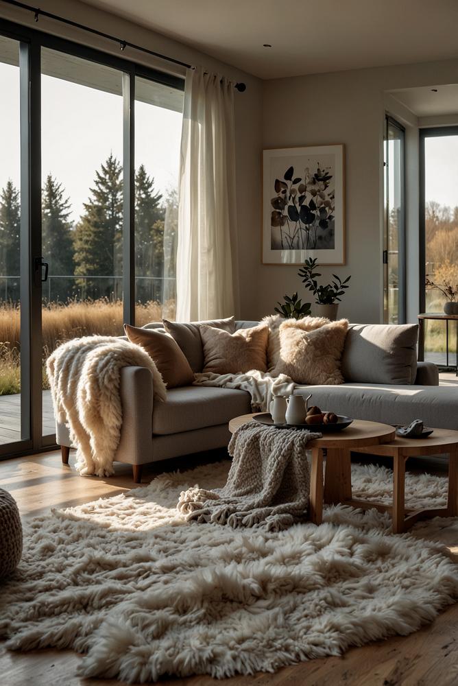 Skandi-Chic Wohnraum mit Wolldecken und Lammfell hell und gemuetlich