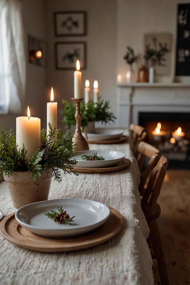 Skandi-Esstisch mit natürlichem Holz und Kerzen im Winter