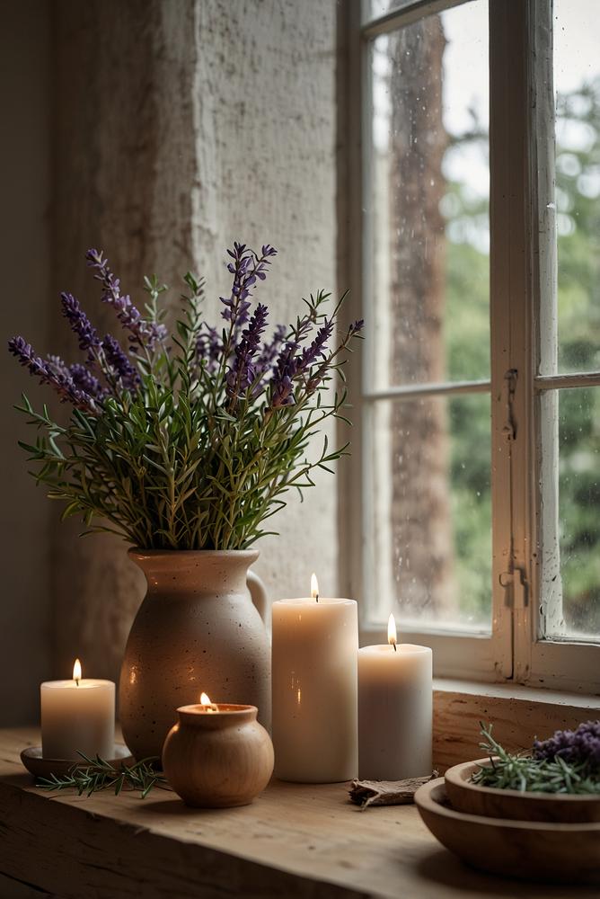 helle skandi fensterbank mit kerzen und kraeutern